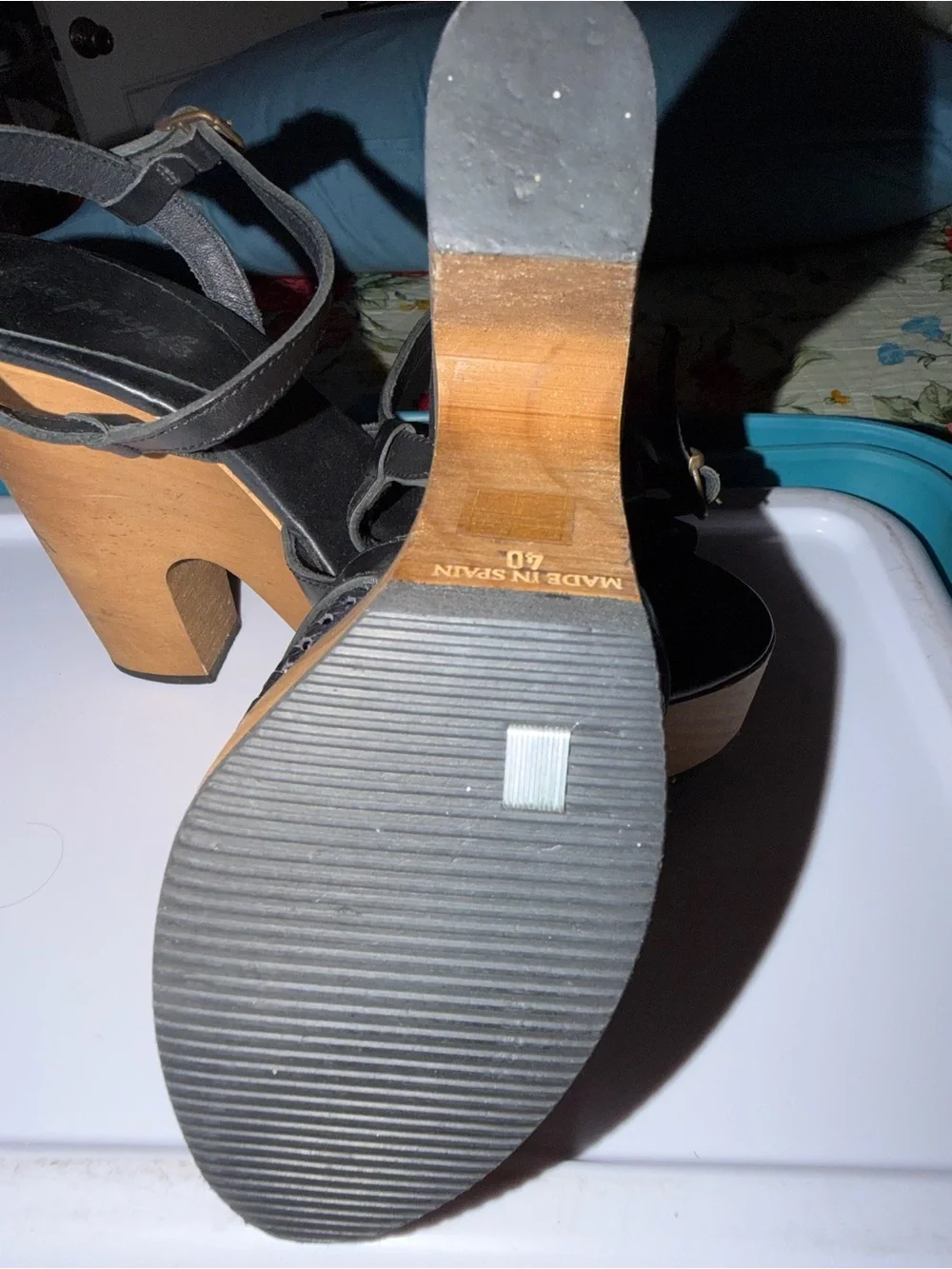 Free People Black Leather Platform Sandals with Wood-Look Sole